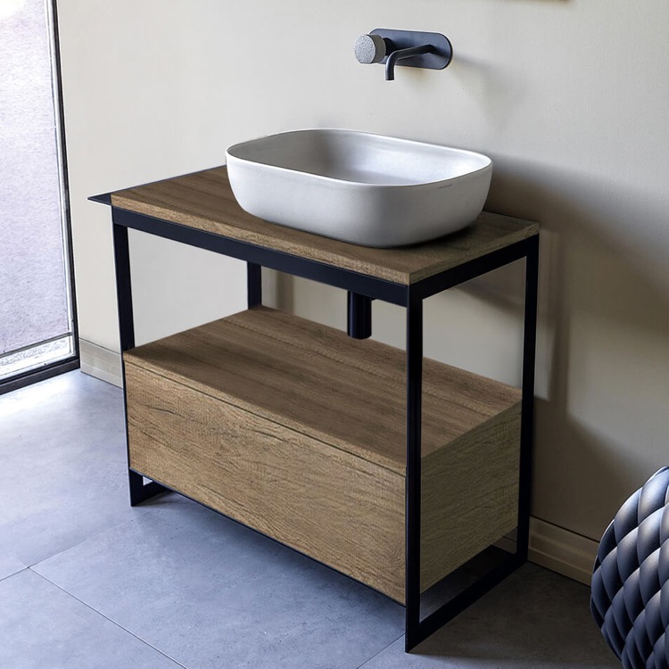 Console Bathroom Vanity, Scarabeo 1804-SOL3-89-No Hole, Console Sink Vanity With Ceramic Vessel Sink and Natural Brown Oak Drawer